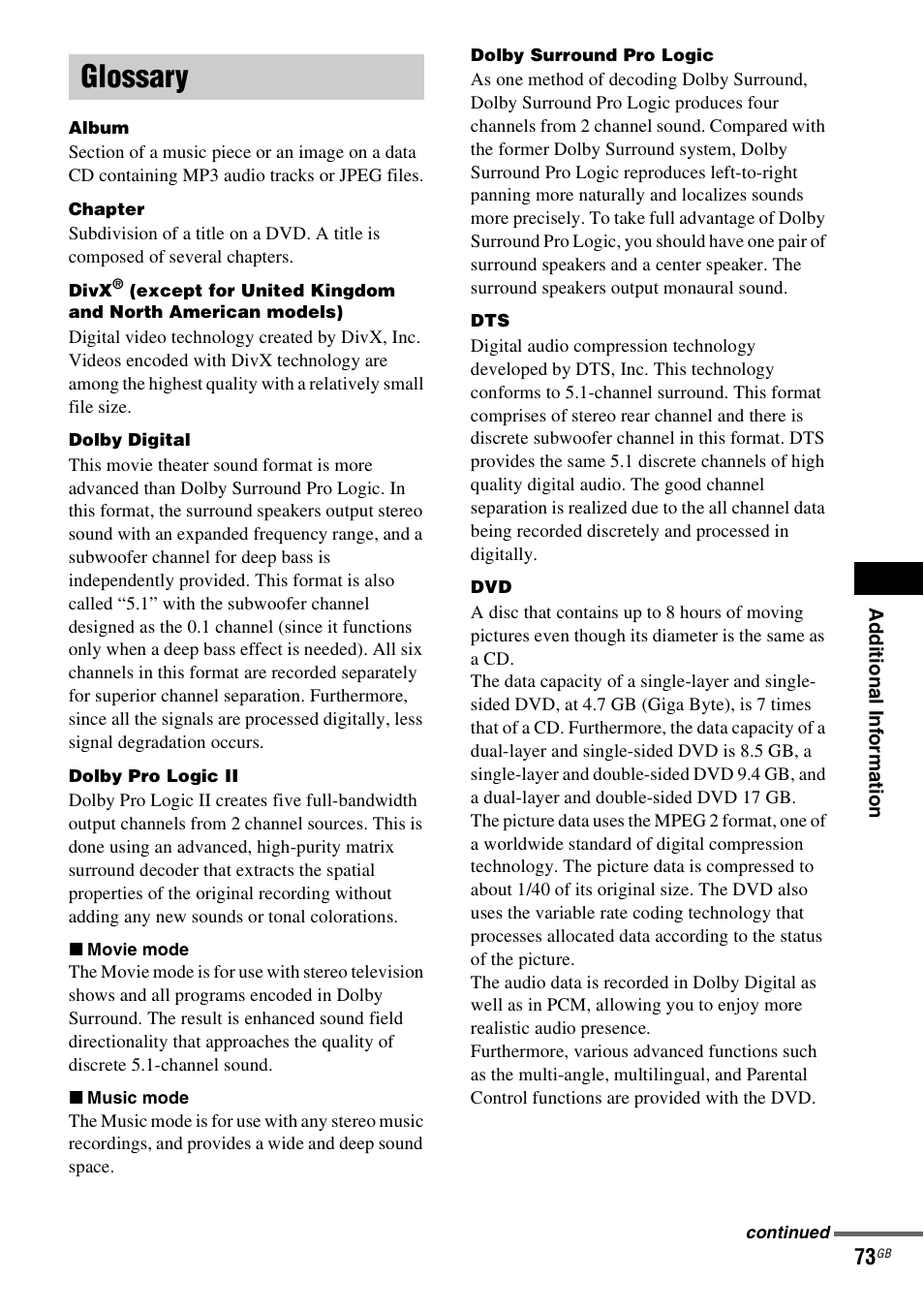 Glossary | Sony DAV-DZ20 User Manual | Page 73 / 88