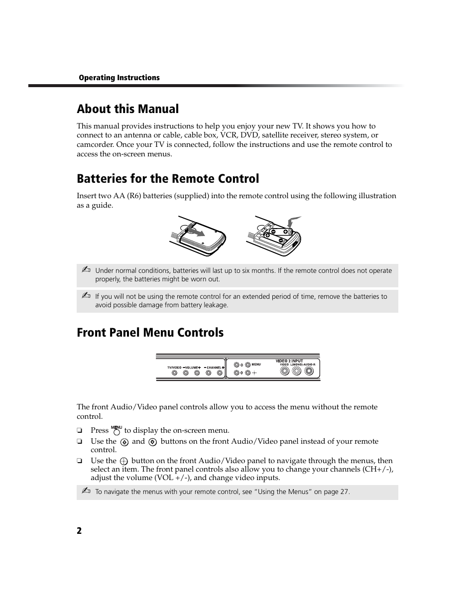 About this manual, Batteries for the remote control, Front panel menu controls | Sony WEGA  KV-27FS210 User Manual | Page 10 / 63