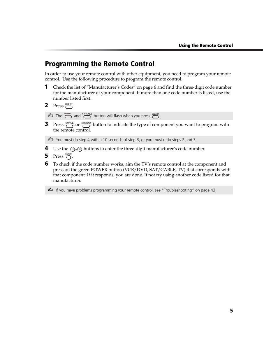 Programming the remote control, Ge 5 | Sony WEGA  KV-27FS210 User Manual | Page 13 / 63