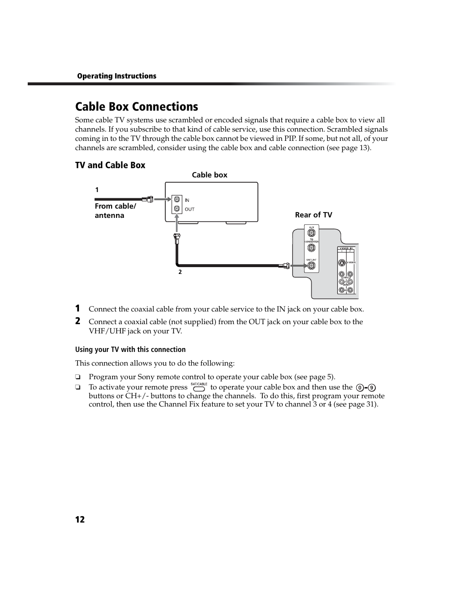 Cable box connections, Tv and cable box | Sony WEGA  KV-27FS210 User Manual | Page 20 / 63