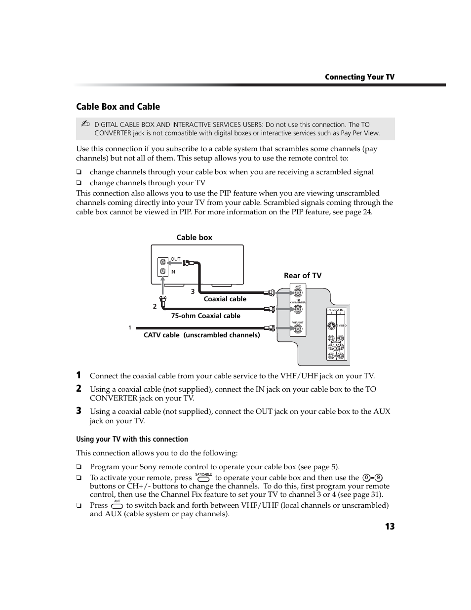 Cable box and cable, 13 cable box and cable | Sony WEGA  KV-27FS210 User Manual | Page 21 / 63