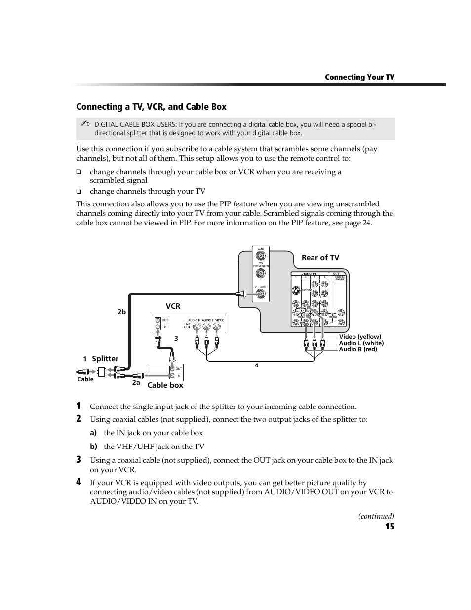 Connecting a tv, vcr, and cable box, 15 connecting a tv, vcr, and cable box | Sony WEGA  KV-27FS210 User Manual | Page 23 / 63