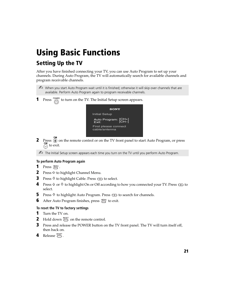 Using basic functions, Setting up the tv | Sony WEGA  KV-27FS210 User Manual | Page 29 / 63