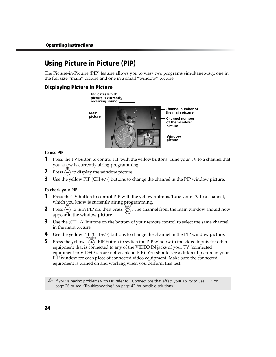 Using picture in picture (pip) | Sony WEGA  KV-27FS210 User Manual | Page 32 / 63