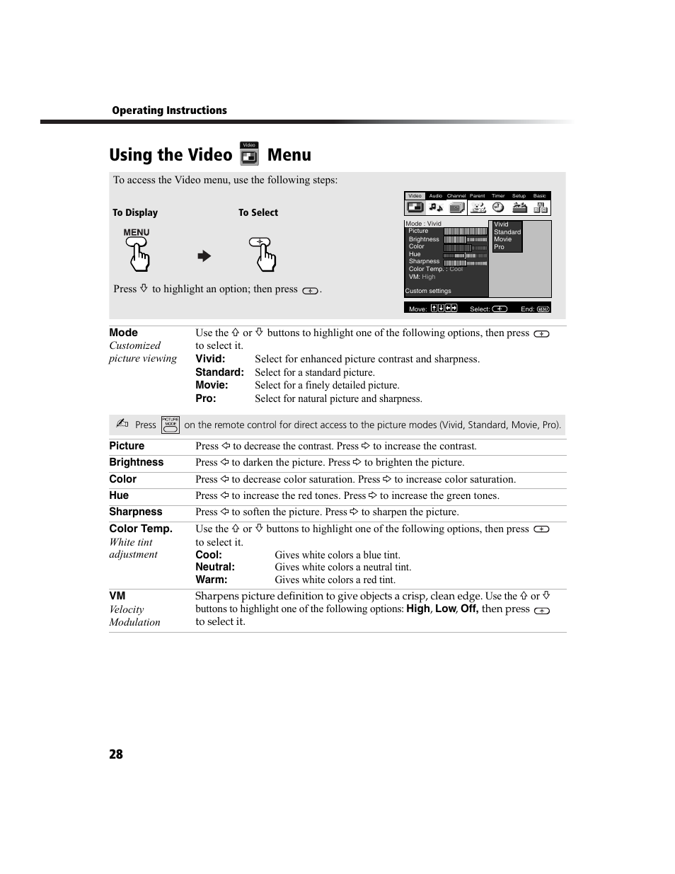 Using the video menu, 28 for | Sony WEGA  KV-27FS210 User Manual | Page 36 / 63