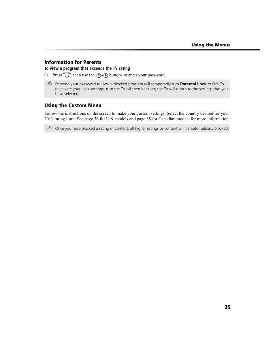Information for parents, Using the custom menu | Sony WEGA  KV-27FS210 User Manual | Page 43 / 63