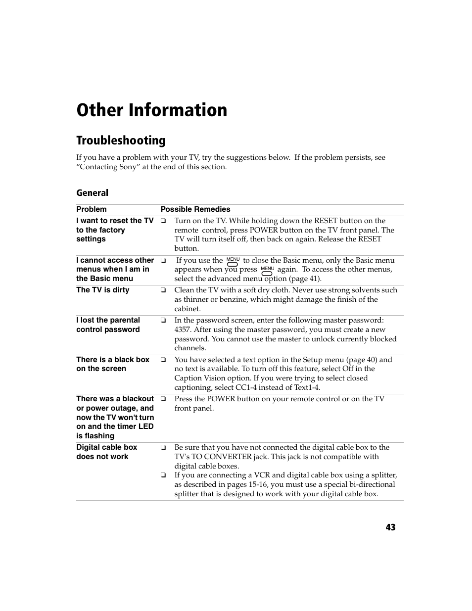 Other information, Troubleshooting | Sony WEGA  KV-27FS210 User Manual | Page 51 / 63