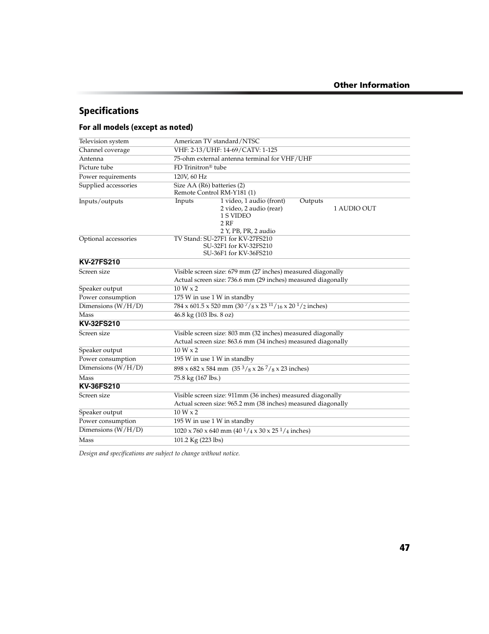 47 specifications | Sony WEGA  KV-27FS210 User Manual | Page 55 / 63
