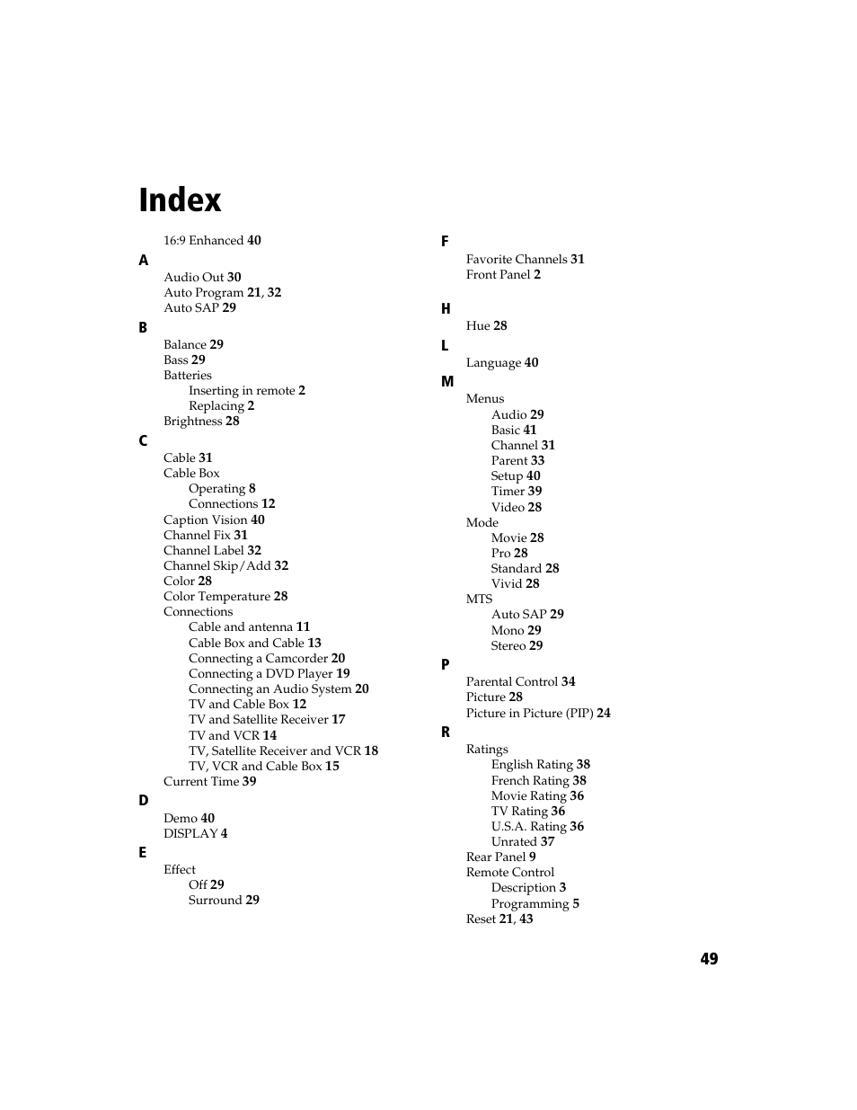 Index | Sony WEGA  KV-27FS210 User Manual | Page 57 / 63