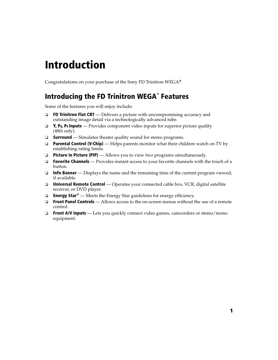 Introduction, Introducing the fd trinitron wega features, Introducing the fd trinitron wega | Sony WEGA  KV-27FS210 User Manual | Page 9 / 63