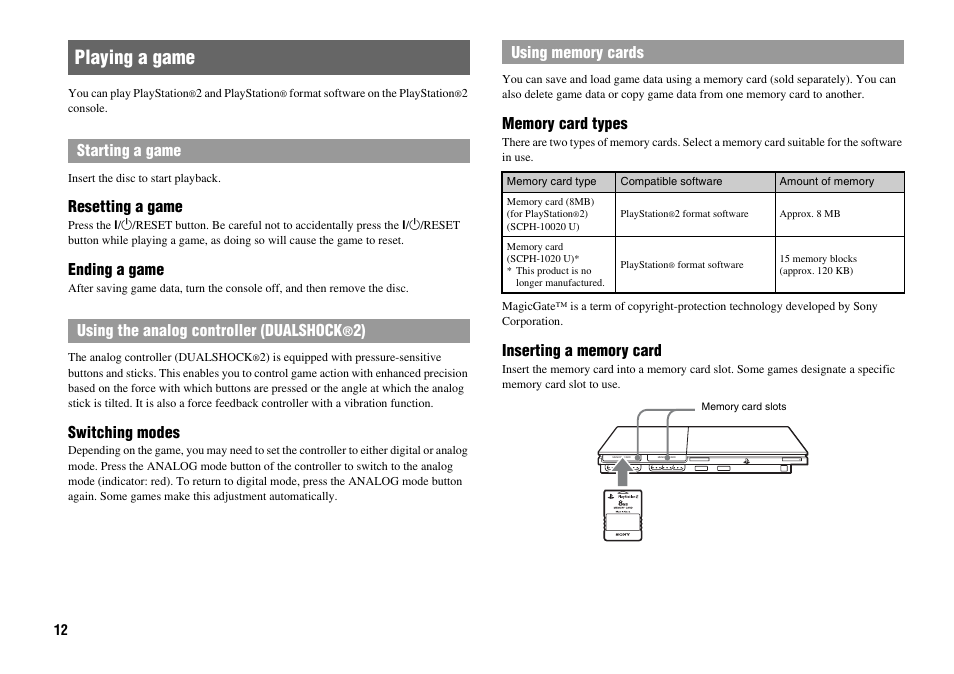 Playing a game, Resetting a game, Ending a game | Switching modes | Sony Playstation 2 SCPH-90001 User Manual | Page 12 / 68