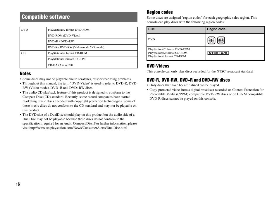 Compatible software, Region codes, Dvd-videos | Dvd-r, dvd-rw, dvd+r and dvd+rw discs | Sony Playstation 2 SCPH-90001 User Manual | Page 16 / 68