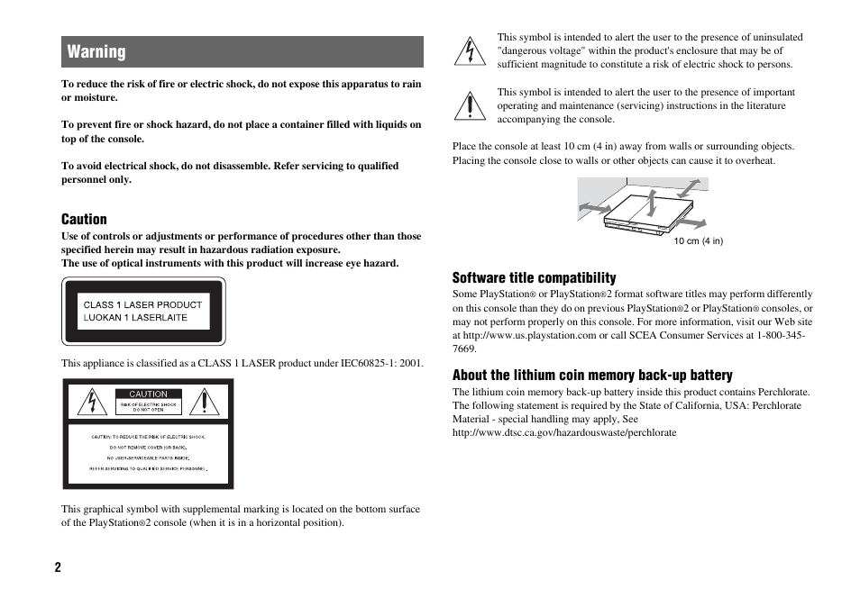 Warning | Sony Playstation 2 SCPH-90001 User Manual | Page 2 / 68