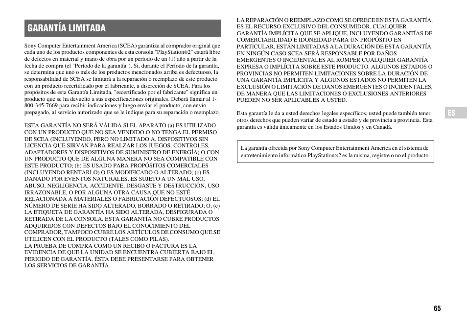 Garantía limitada | Sony Playstation 2 SCPH-90001 User Manual | Page 65 / 68