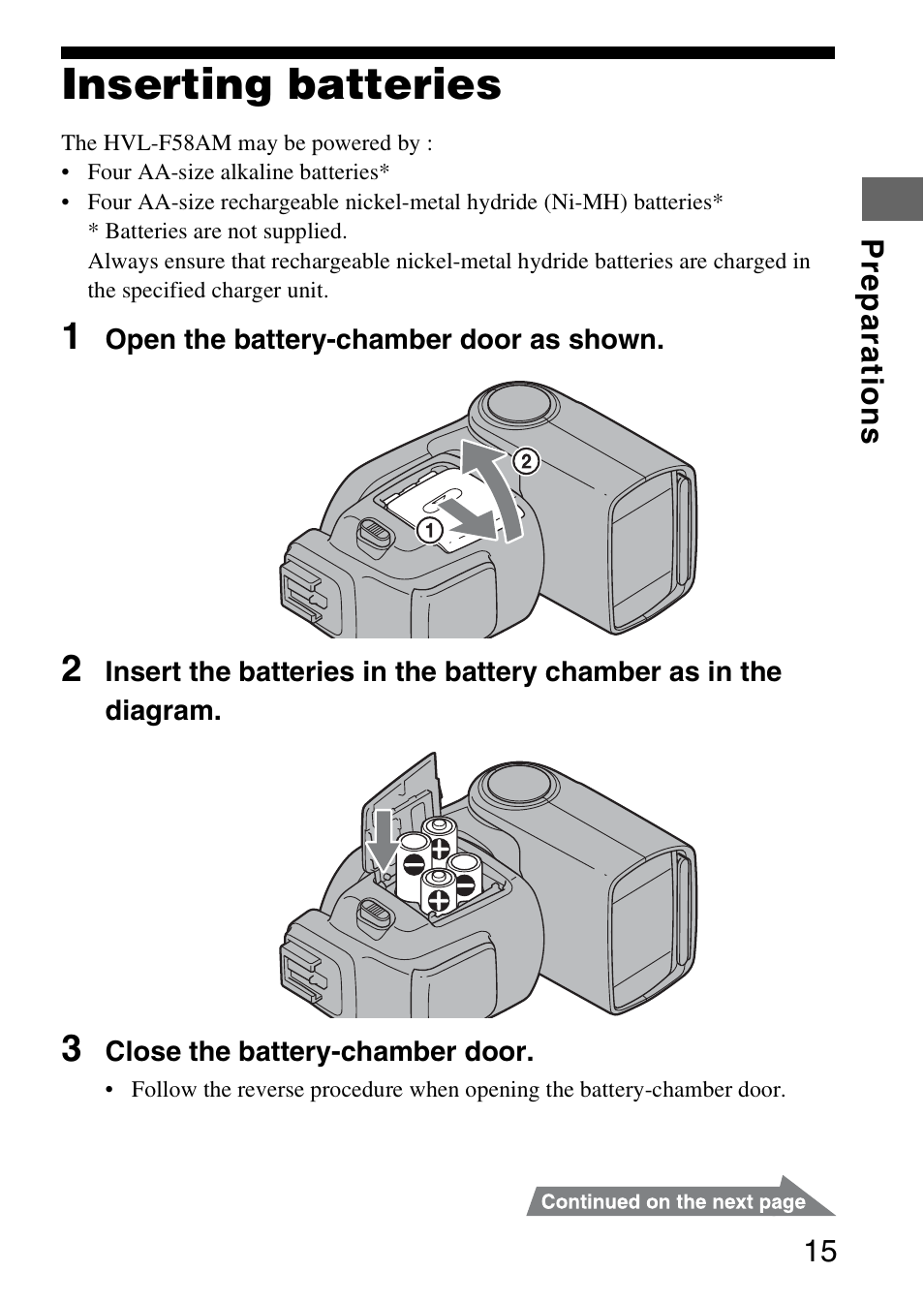 Preparations, Inserting batteries | Sony HVL-F58AM User Manual | Page 15 / 88