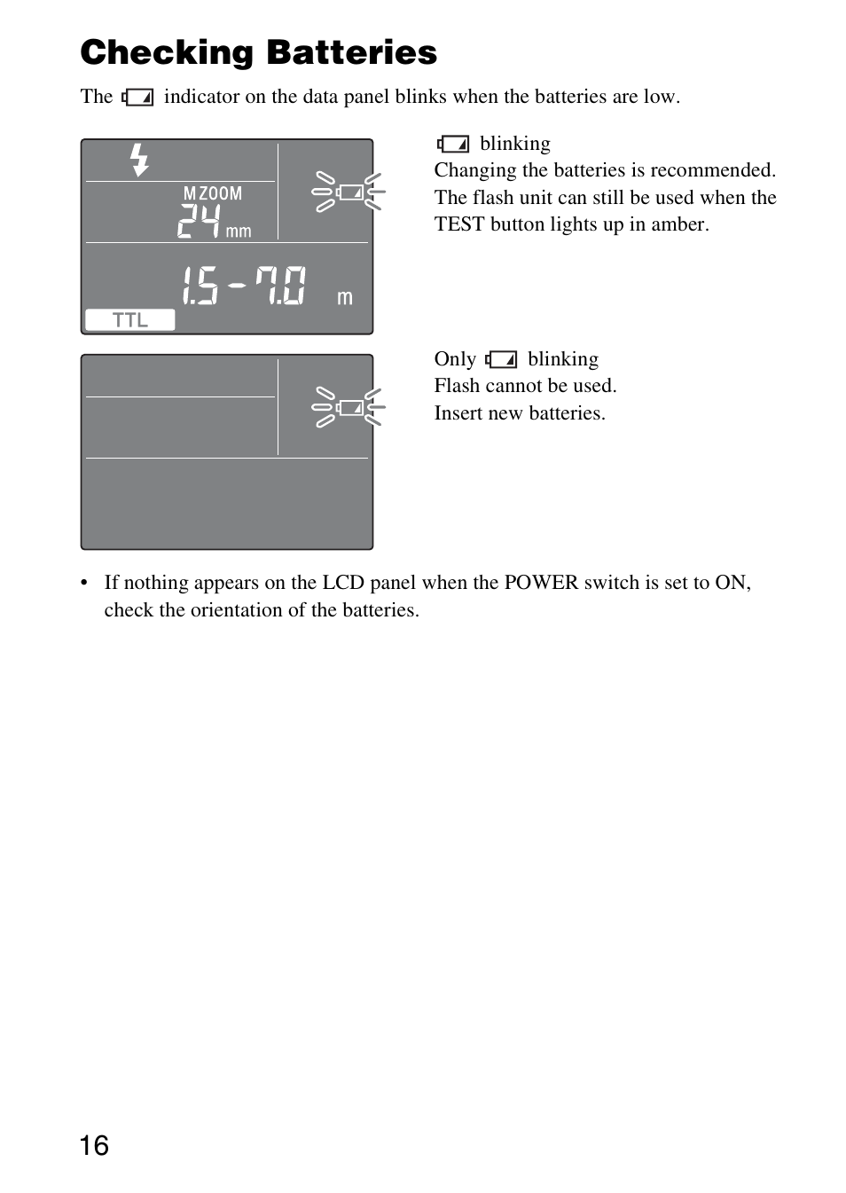 Checking batteries | Sony HVL-F58AM User Manual | Page 16 / 88
