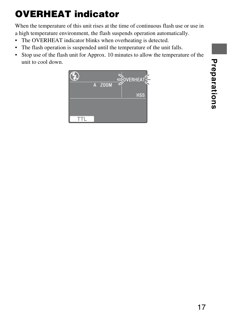 Overheat indicator | Sony HVL-F58AM User Manual | Page 17 / 88
