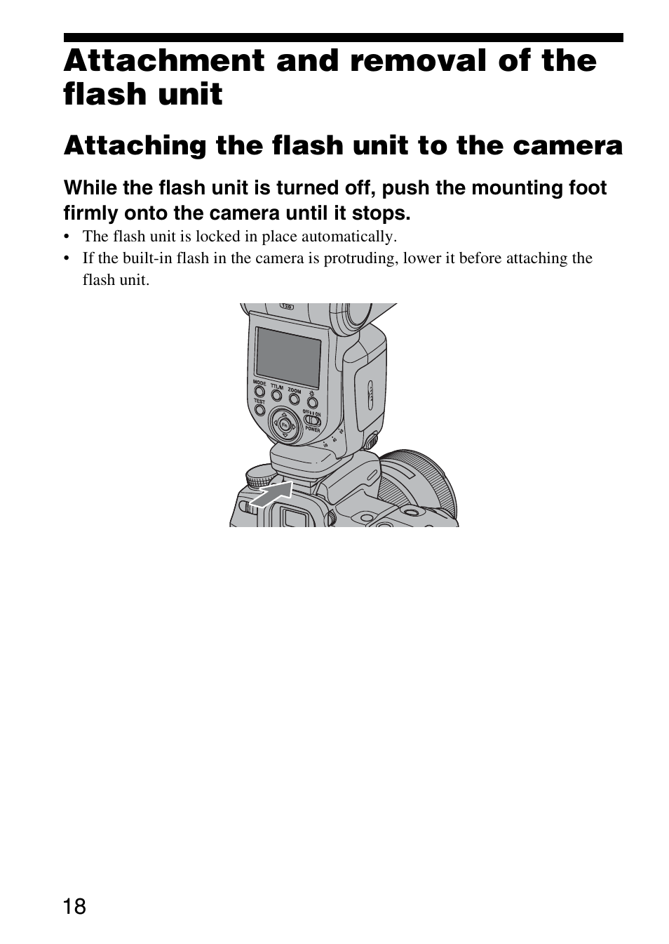 Attachment and removal of the flash unit, Attaching the flash unit to the camera | Sony HVL-F58AM User Manual | Page 18 / 88