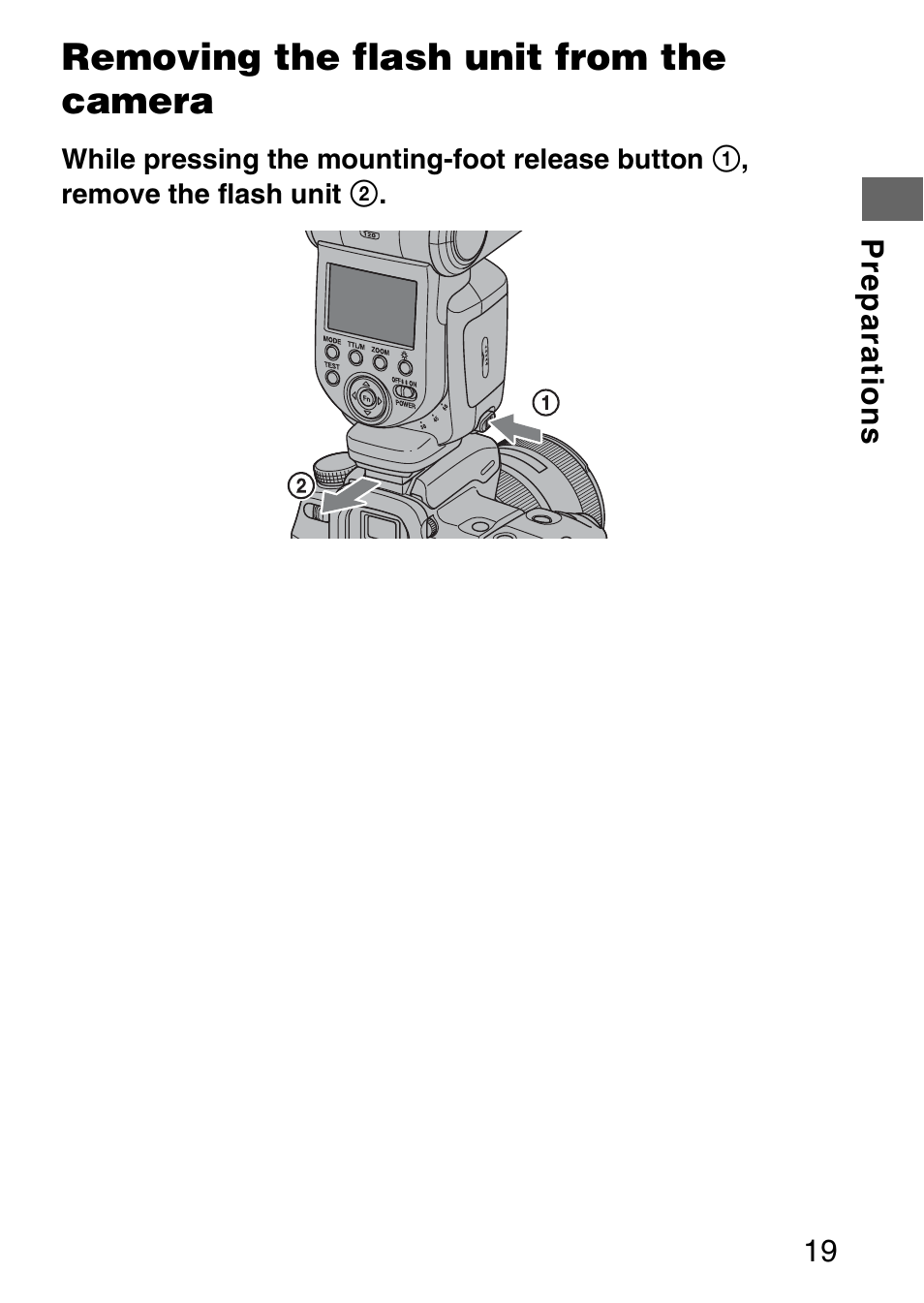 Removing the flash unit from the camera | Sony HVL-F58AM User Manual | Page 19 / 88