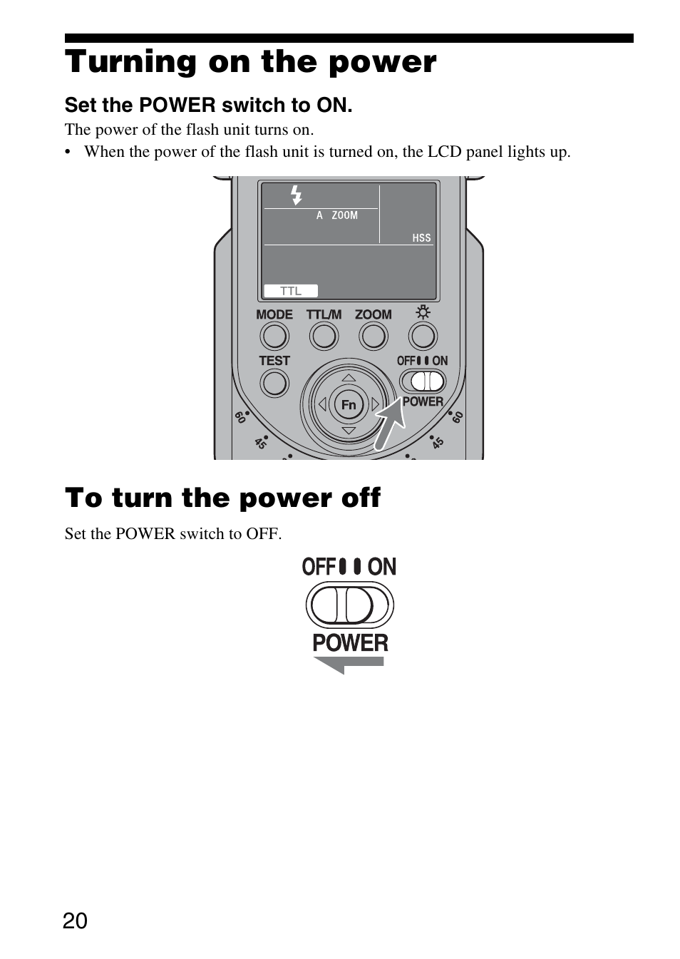 Turning on the power | Sony HVL-F58AM User Manual | Page 20 / 88