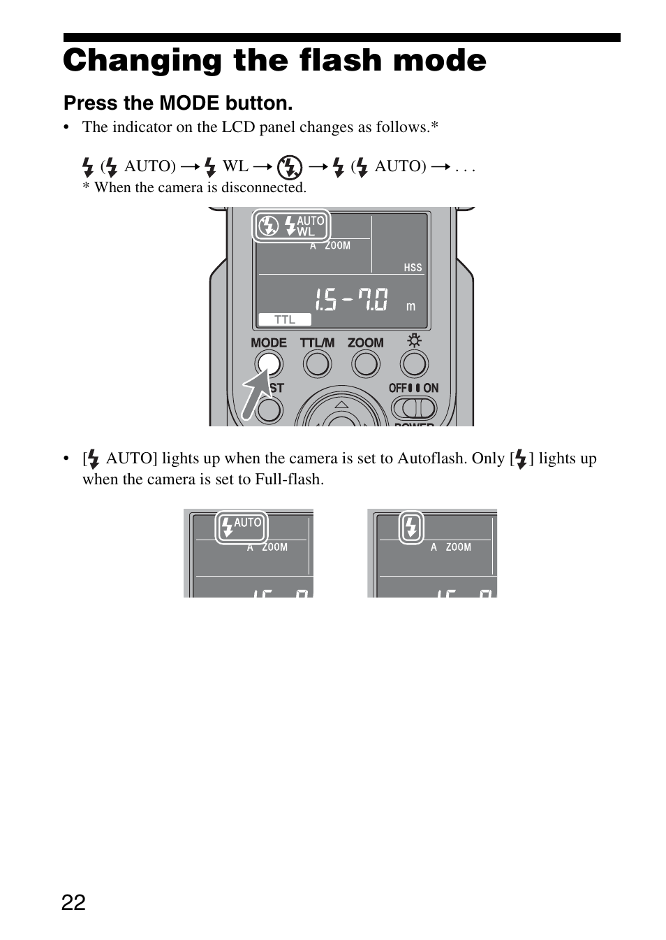Changing the flash mode | Sony HVL-F58AM User Manual | Page 22 / 88