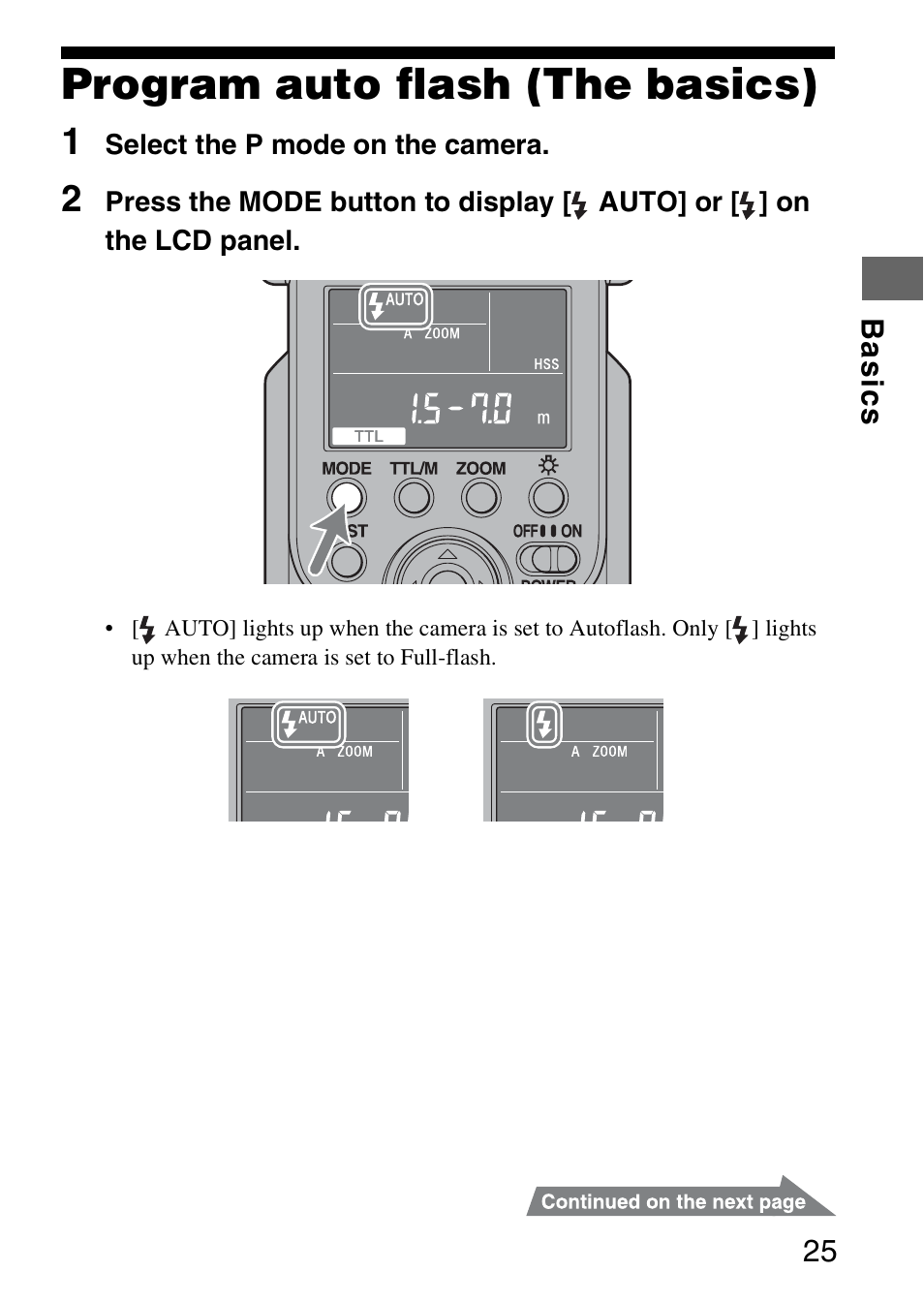 Basics, Program auto flash (the basics) | Sony HVL-F58AM User Manual | Page 25 / 88