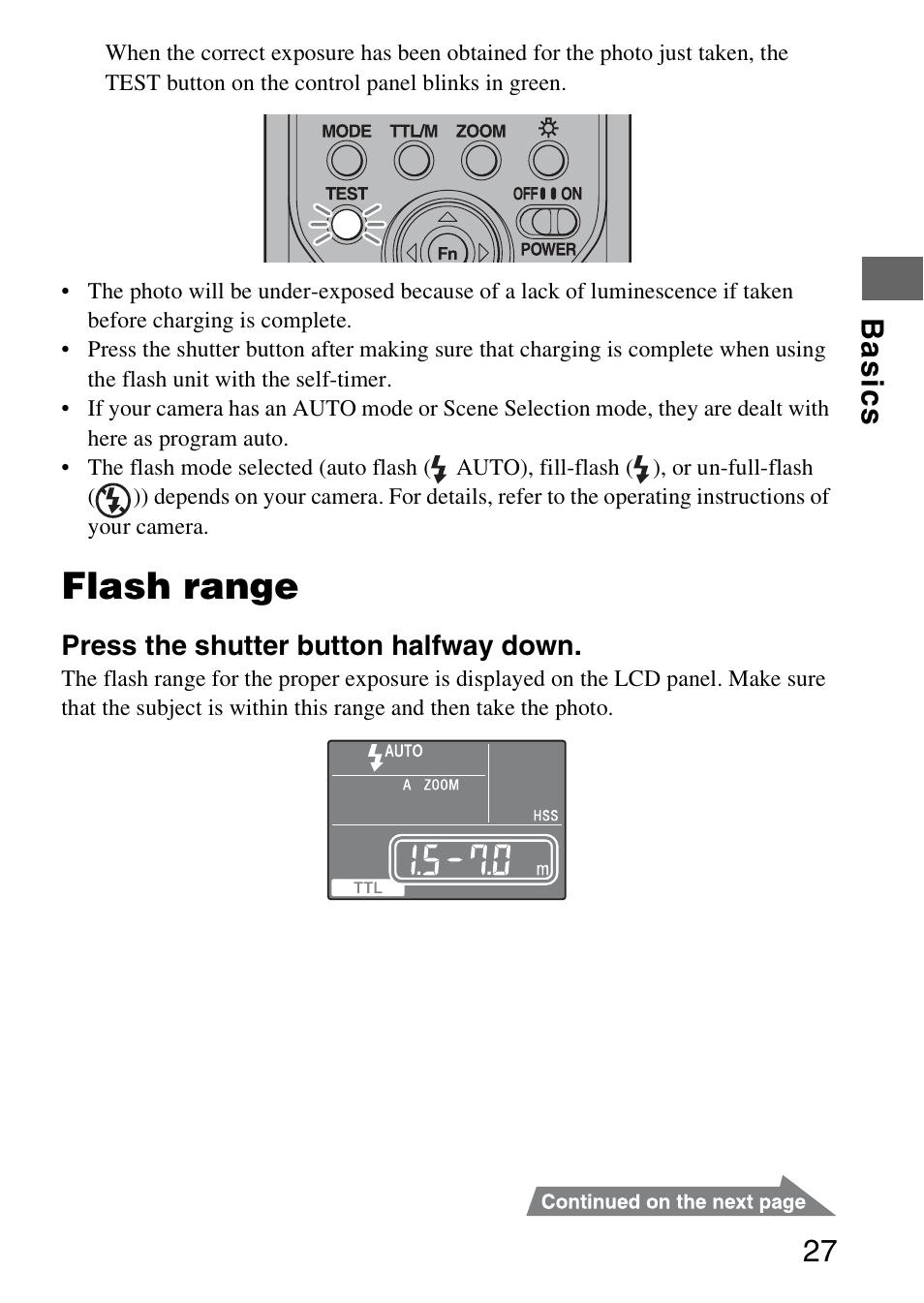 Flash range, Ba si c s 27 | Sony HVL-F58AM User Manual | Page 27 / 88