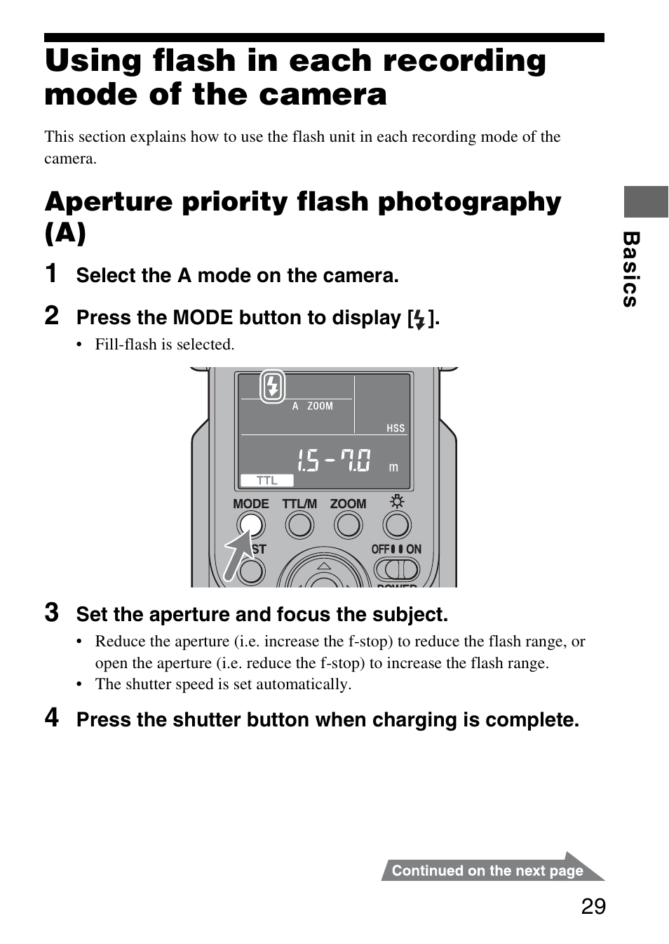 Using flash in each recording mode of the camera, Aperture priority flash photography (a) 1 | Sony HVL-F58AM User Manual | Page 29 / 88