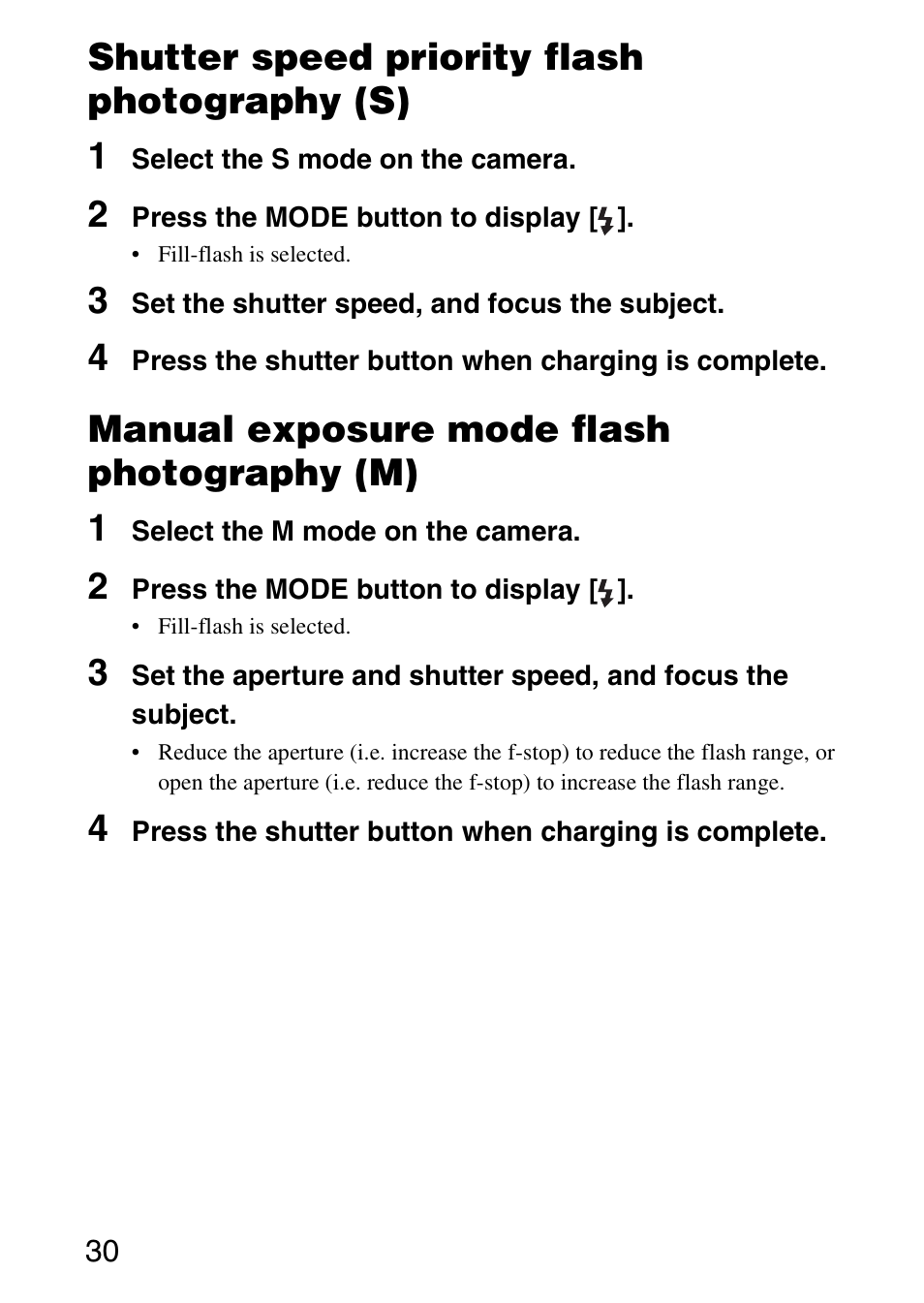 Shutter speed priority flash photography (s) 1, Manual exposure mode flash photography (m) 1 | Sony HVL-F58AM User Manual | Page 30 / 88