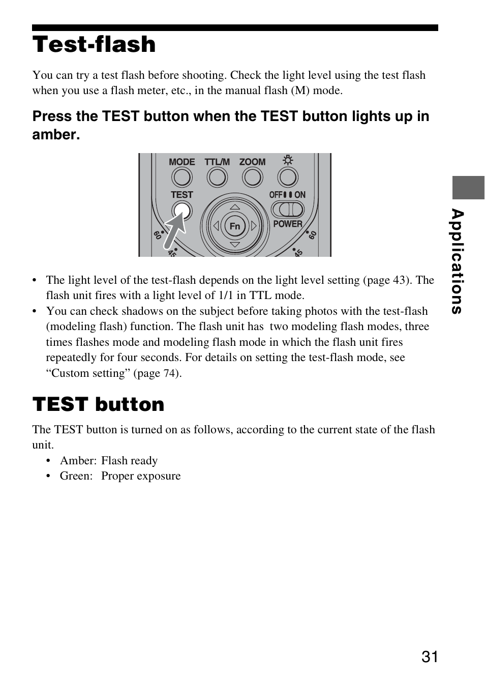 Applications, Test-flash, Test button | Sony HVL-F58AM User Manual | Page 31 / 88