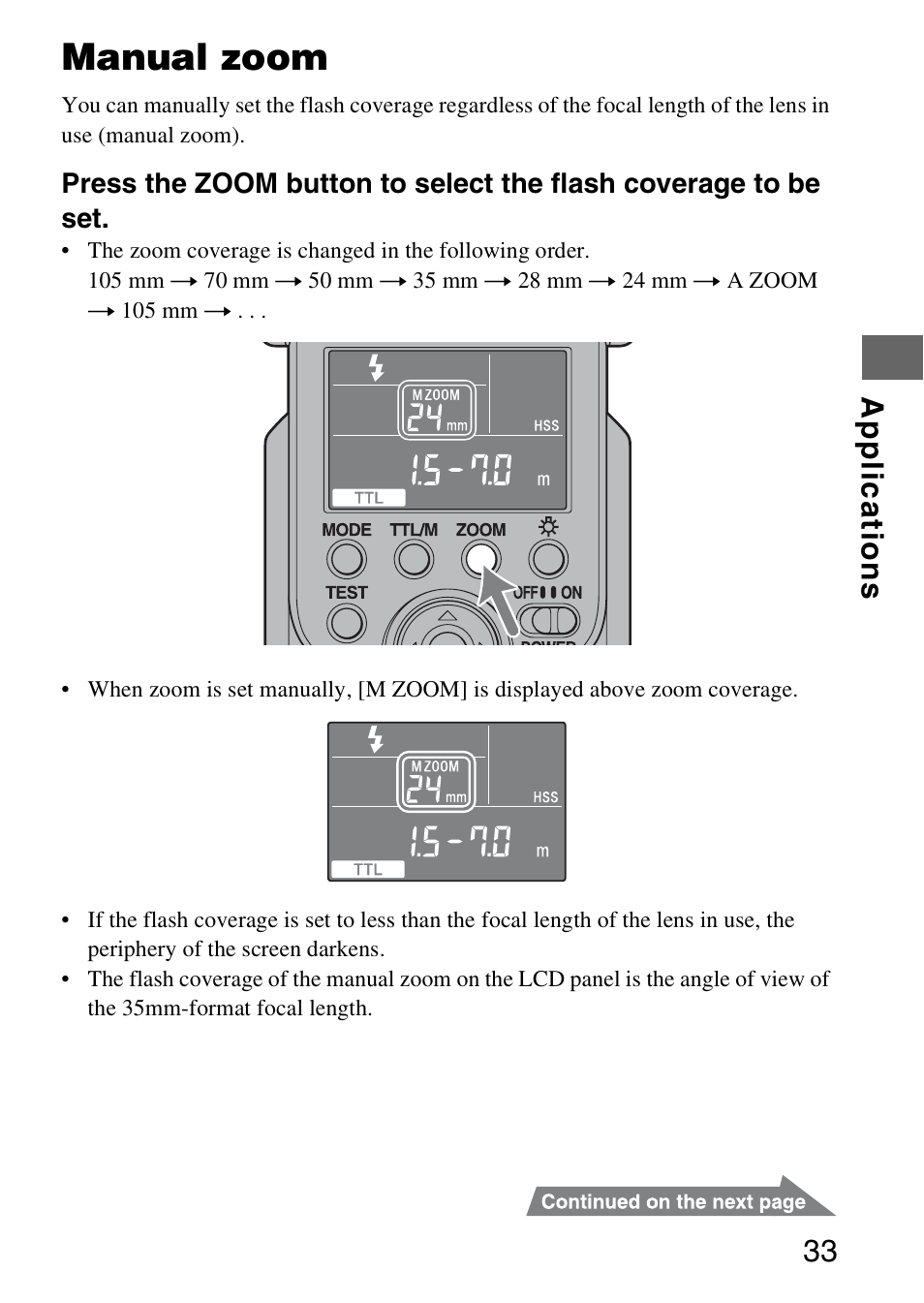 Manual zoom, Appl ica tions 33 | Sony HVL-F58AM User Manual | Page 33 / 88