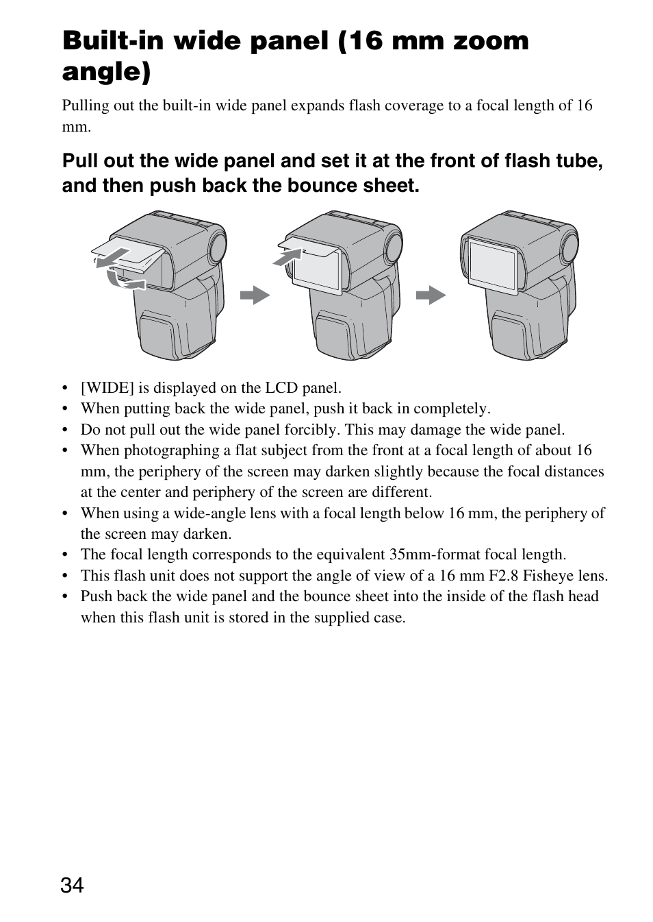 Built-in wide panel (16 mm zoom angle) | Sony HVL-F58AM User Manual | Page 34 / 88