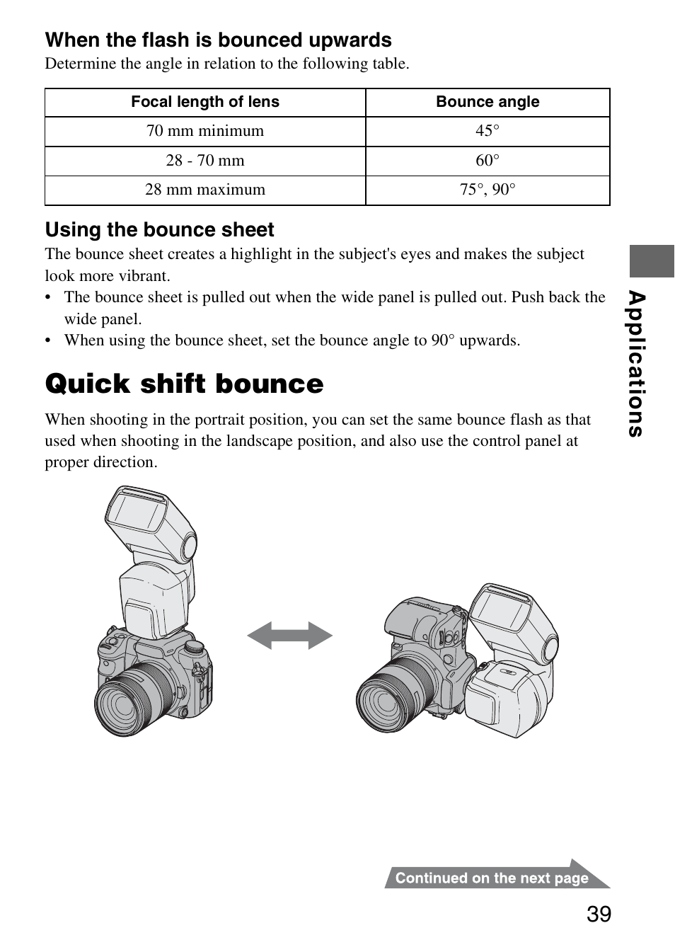 Quick shift bounce, Appl ica tions 39 | Sony HVL-F58AM User Manual | Page 39 / 88