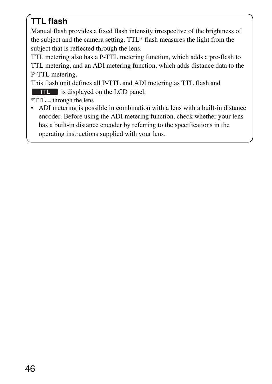 Ttl flash | Sony HVL-F58AM User Manual | Page 46 / 88