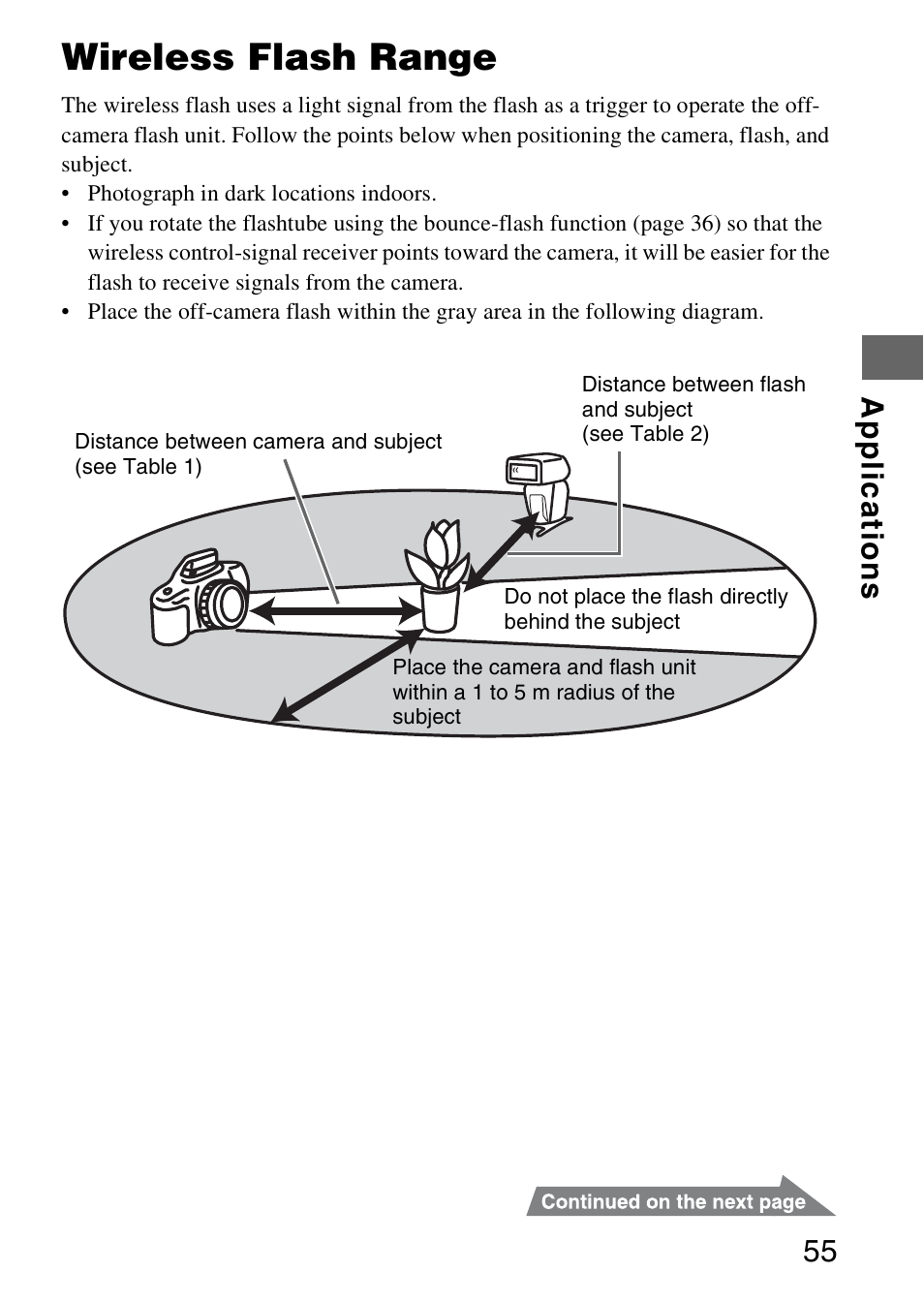 Wireless flash range, Appl ica tions 55 | Sony HVL-F58AM User Manual | Page 55 / 88