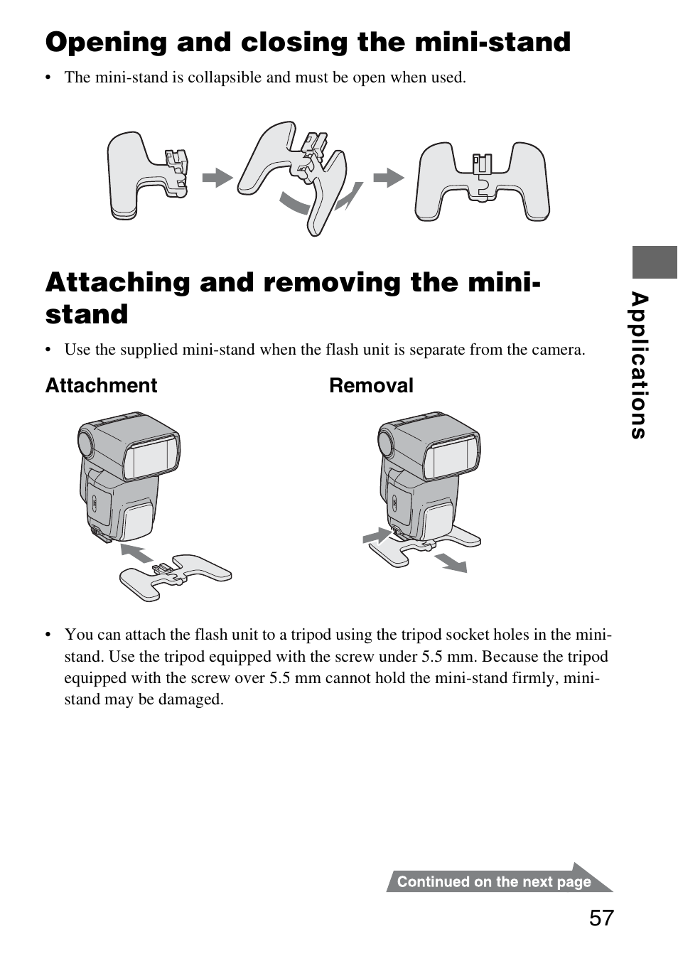 Opening and closing the mini-stand, Attaching and removing the mini- stand | Sony HVL-F58AM User Manual | Page 57 / 88