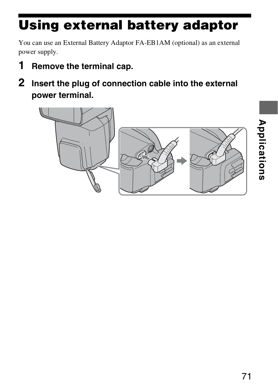 Using external battery adaptor | Sony HVL-F58AM User Manual | Page 71 / 88