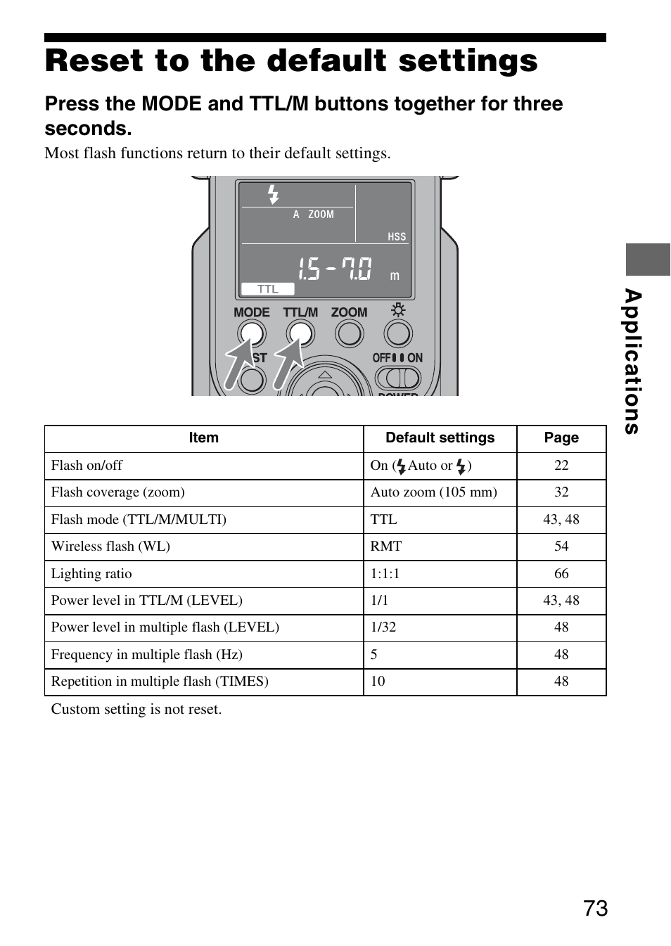 Reset to the default settings, Appl ica tions 73 | Sony HVL-F58AM User Manual | Page 73 / 88