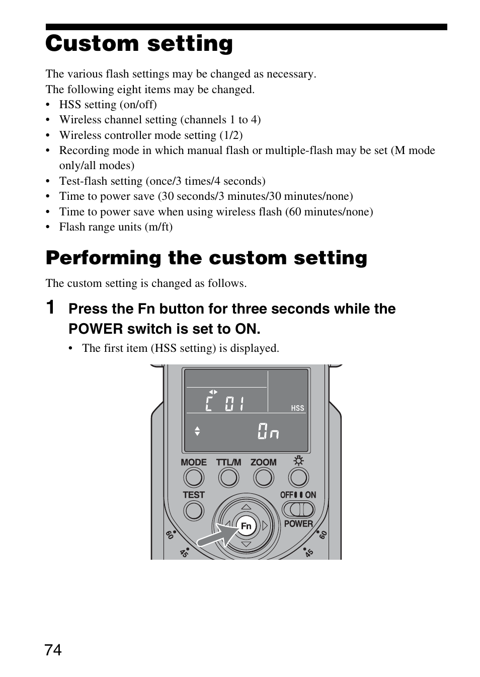 Custom setting, Performing the custom setting | Sony HVL-F58AM User Manual | Page 74 / 88