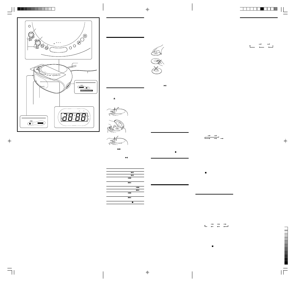 Playing the radio, Improving the reception, Setting the alarm | Changing the brightness of the clock display, Setting the clock, Playing a cd, Using the nap timer (count down timer), Setting the sleep timer | Sony ICF-CD837 User Manual | Page 2 / 2