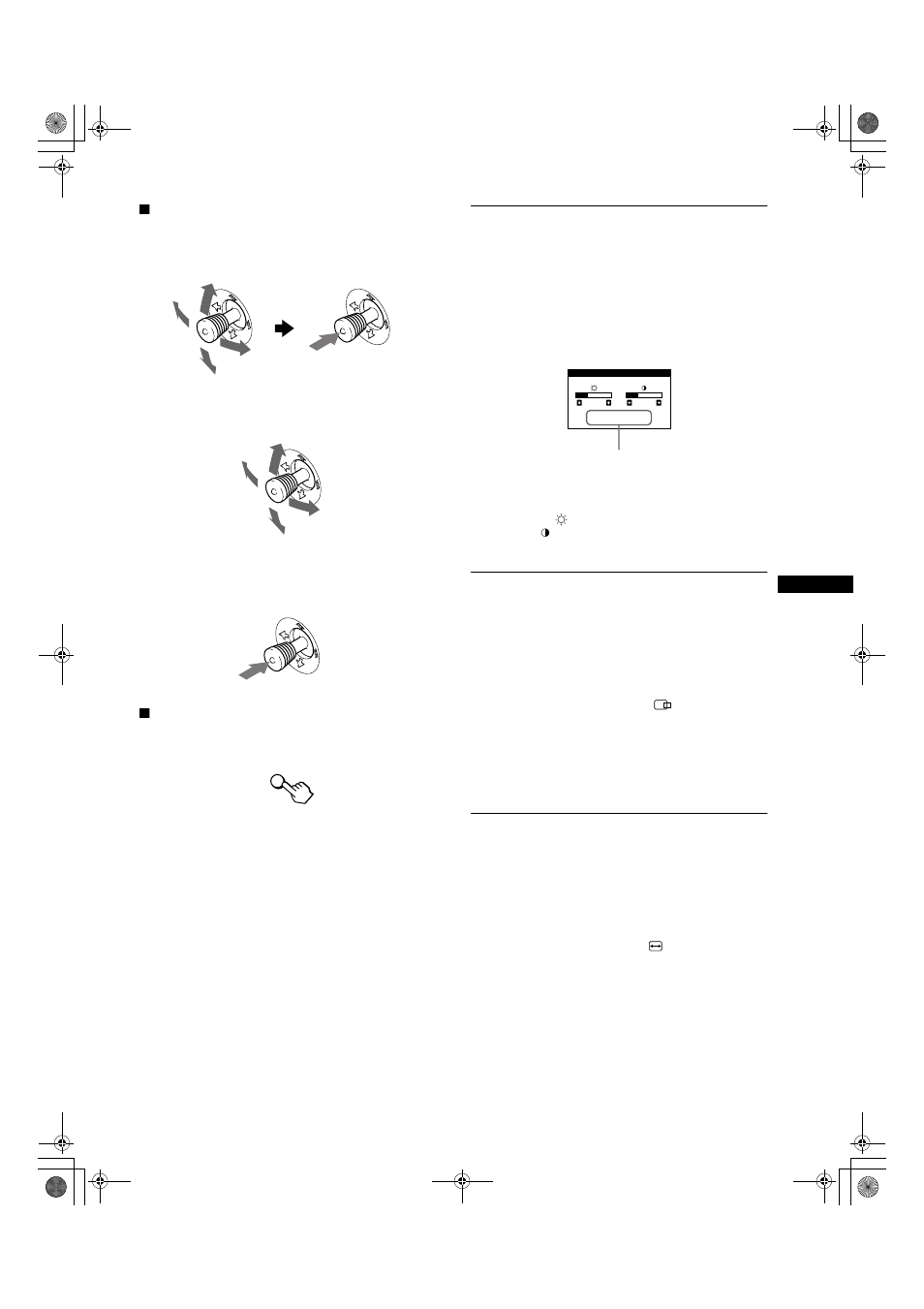 Adjusting the brightness and contrast, Adjusting the centering of the picture (center), Adjusting the size of the picture (size) | Sony GDM-F400 User Manual | Page 11 / 52