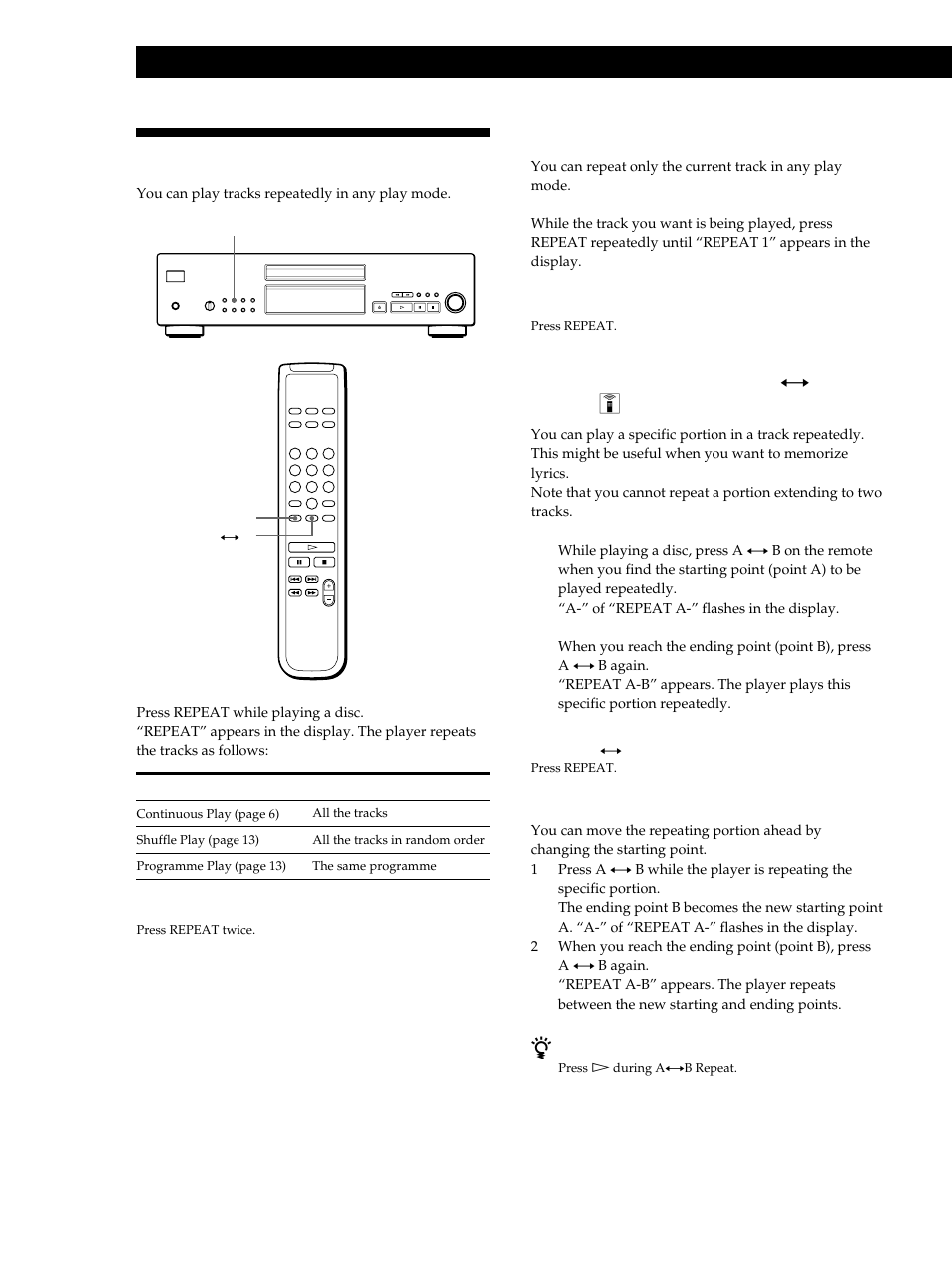 Playing tracks repeatedly, Playing cds, Repeating the current track (repeat 1) | Repeating a specific portion (a y b repeat) z | Sony CDP-XB740 User Manual | Page 12 / 84