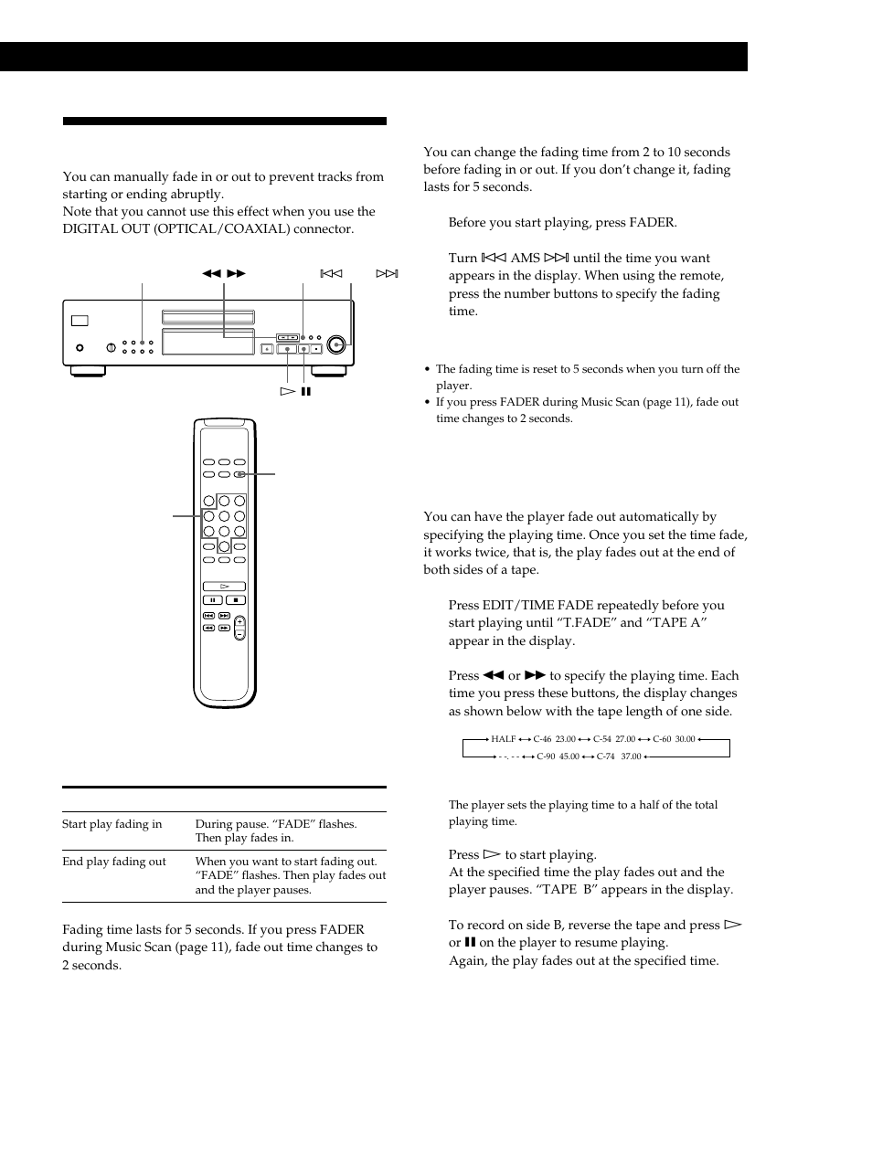 Fading in or out, Recording from cds, Fading in or out at the point you want | Changing the fading time, Fading out at the specified time (time fade) | Sony CDP-XB740 User Manual | Page 17 / 84