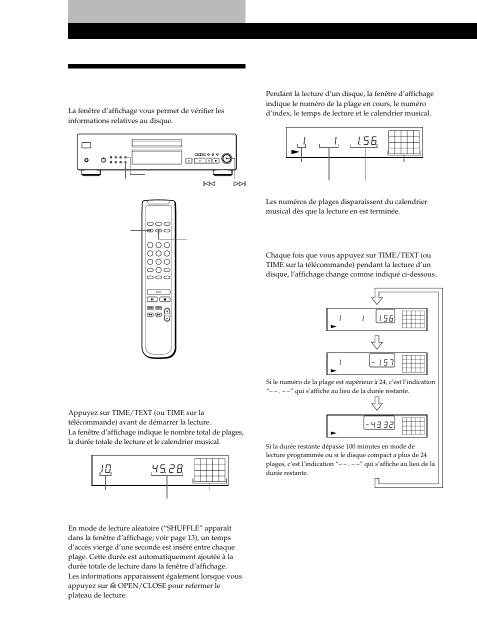 Utilisation de la fenêtre d’affichage, Lecture de disques compacts, Vérification de la durée restante | Sony CDP-XB740 User Manual | Page 28 / 84