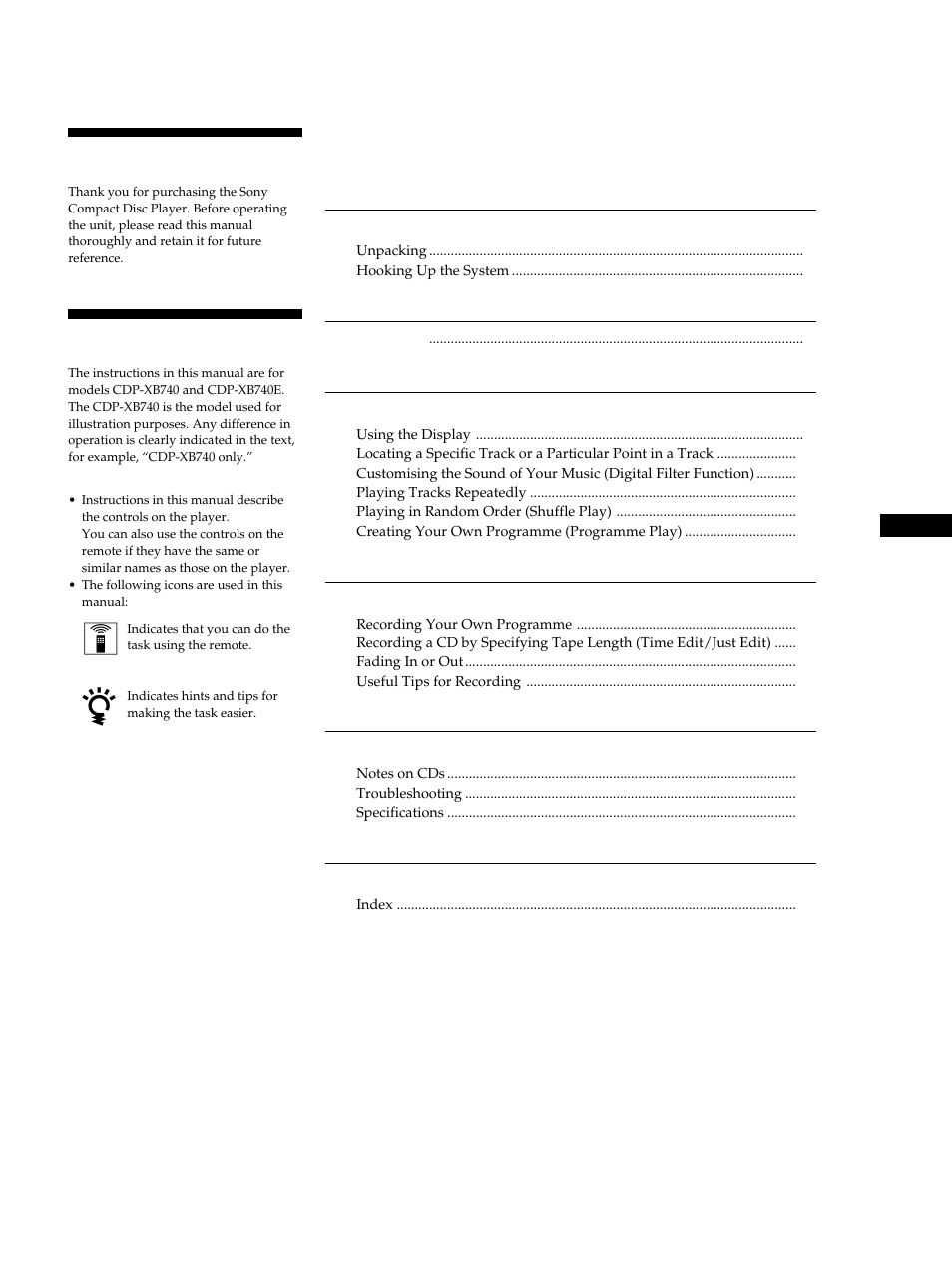Able of contents, Welcome, About this manual | Sony CDP-XB740 User Manual | Page 3 / 84