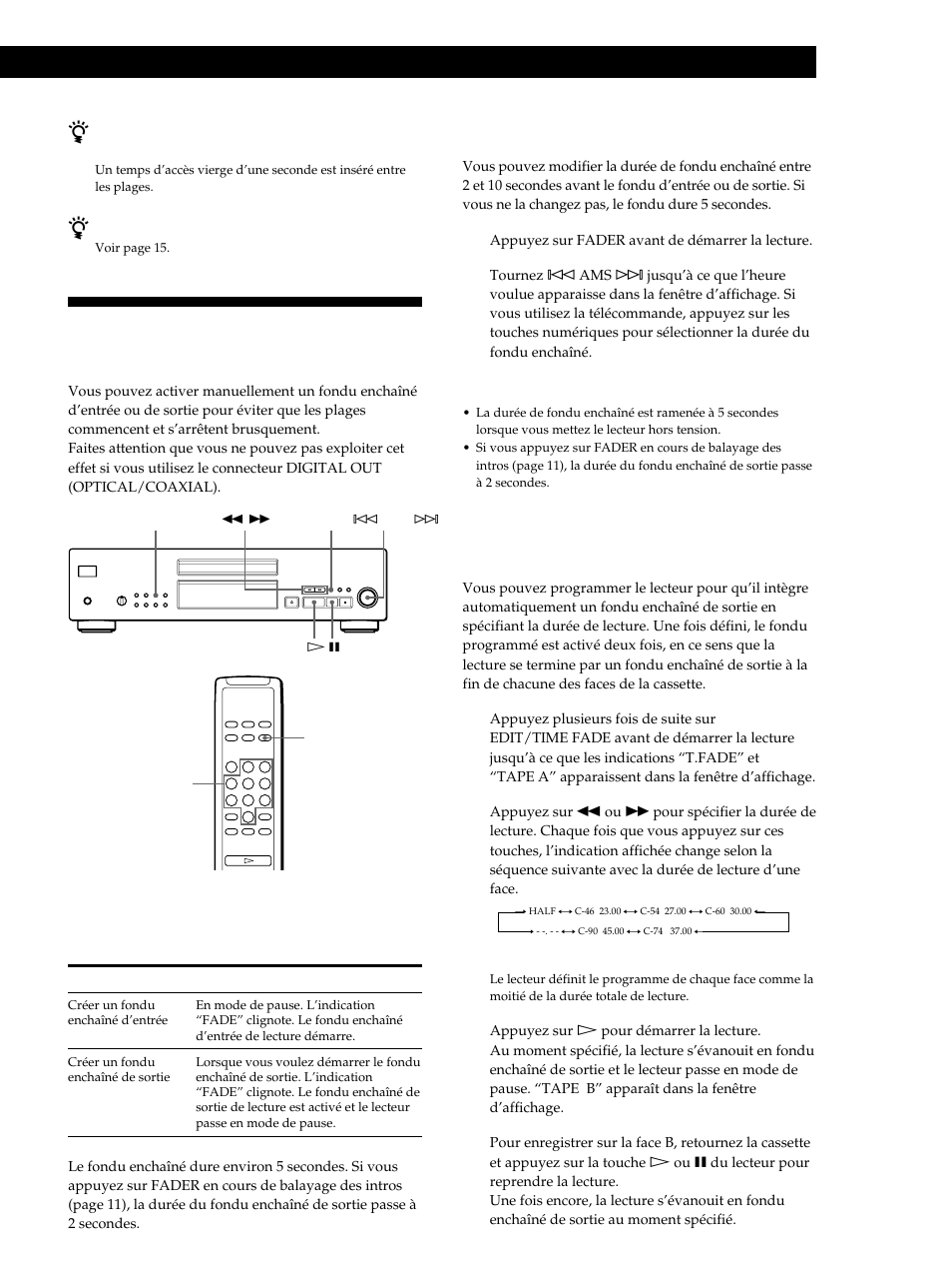 Fondu enchaîné d’entrée et de sortie, Enregistrement de disques compacts, Création d’un fondu enchaîné d’entrée ou de sortie | Modification de la durée de fondu enchaîné | Sony CDP-XB740 User Manual | Page 37 / 84