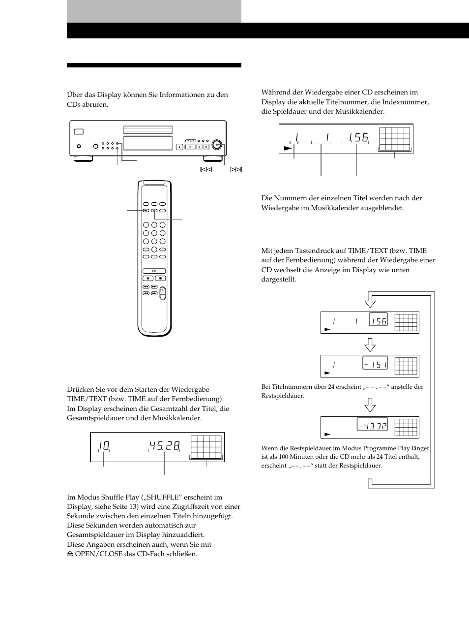 Das display, Wiedergeben von cds, Anzeigen der restspieldauer | Sony CDP-XB740 User Manual | Page 48 / 84