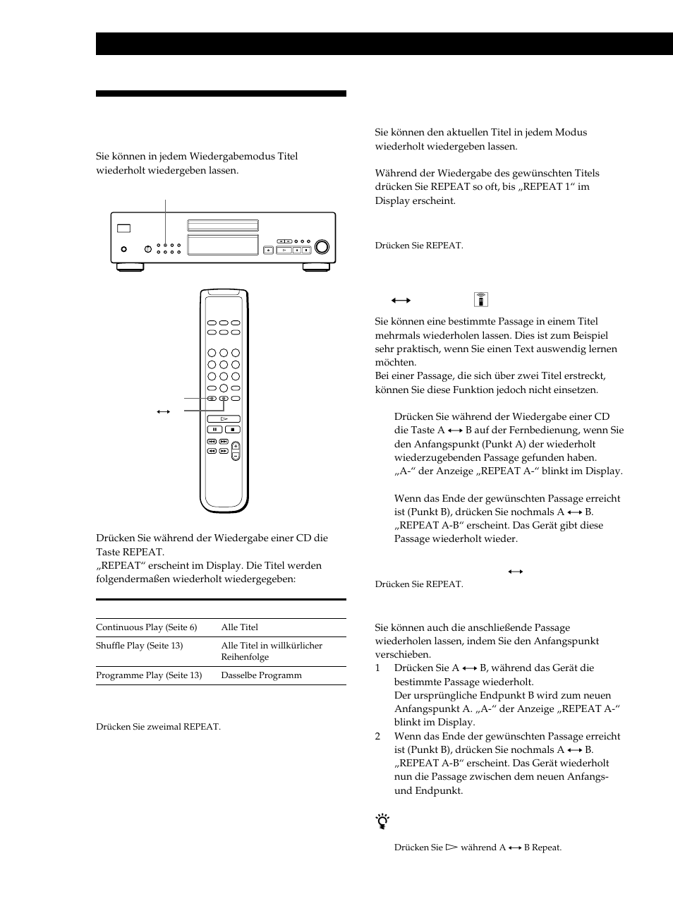 Wiederholtes wiedergeben von titeln, Wiedergeben von cds | Sony CDP-XB740 User Manual | Page 52 / 84