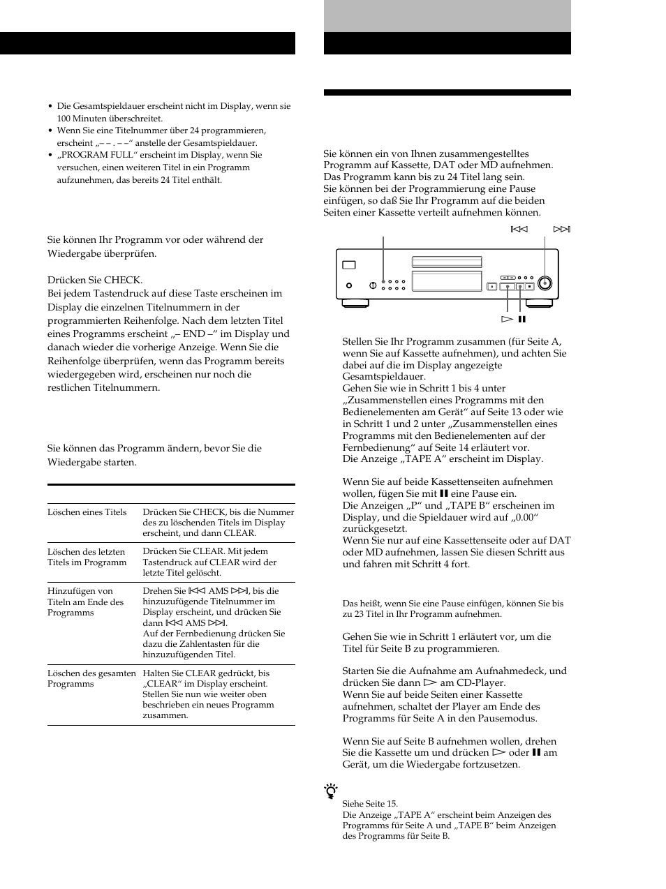 Aufnehmen eines individuellen programms, Aufnehmen von cds, Wiedergeben von cds aufnehmen von cds | Anzeigen der titelreihenfolge, Ändern der titelreihenfolge | Sony CDP-XB740 User Manual | Page 55 / 84