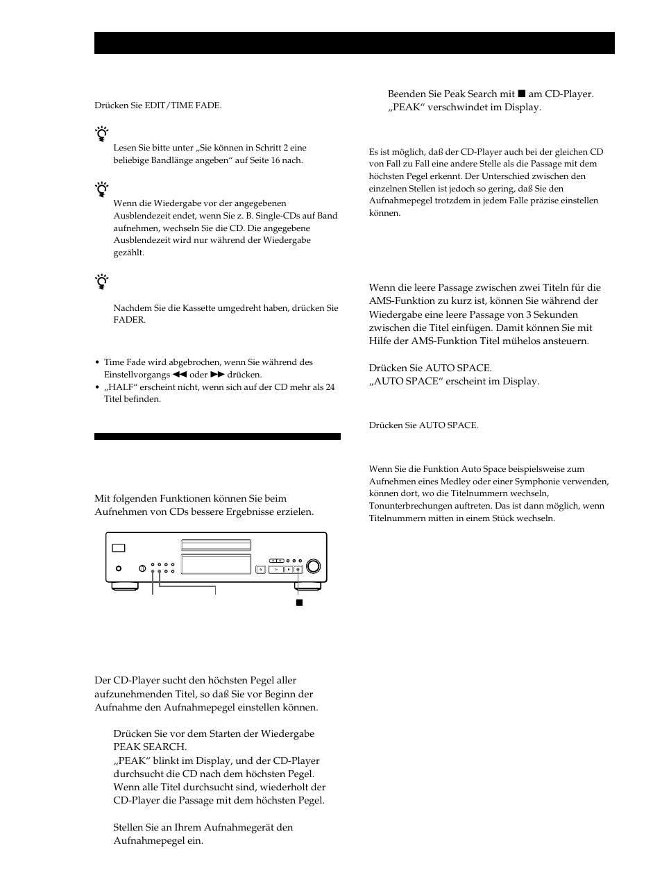 Praktische hinweise für das aufnehmen, Aufnehmen von cds, Einstellen des aufnahmepegels (peak search) | Sony CDP-XB740 User Manual | Page 58 / 84